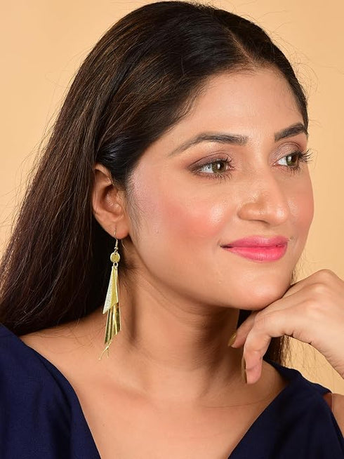 Nilu's Collection Gold Plated Geometric Triangle Long Tassel Drop Earrings