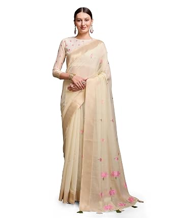 Vasthrlay Linen Silk Cream Saree With Unstitched Blouse with Piece Soft and Skin Friendly