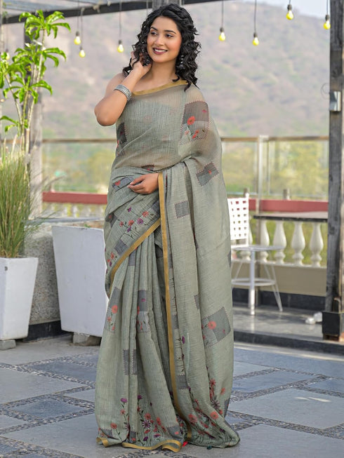 Vasthrlay Womens Printed Unstitched Light Green Saree