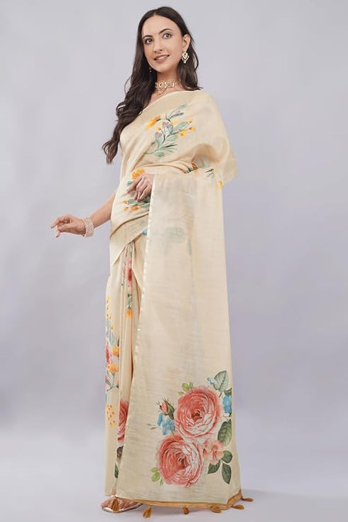 Vasthrlay Off White2 Womens Rose Botanical Printed Linen Saree With Self Woven Border And Unstitched Blouse Piece