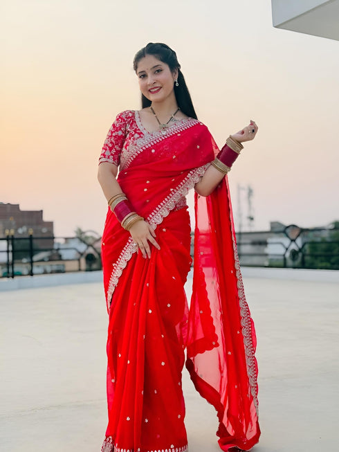 Vasthrlay Red Embroidery Saree