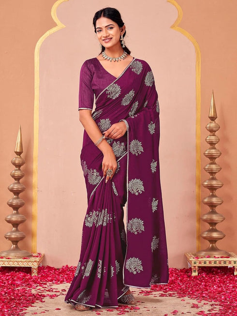 Vasthrlay Vichitra Printed Unstitched Rani Pink Saree