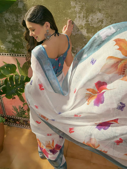 Vasthrlay Womens Printed Unstitched White Saree