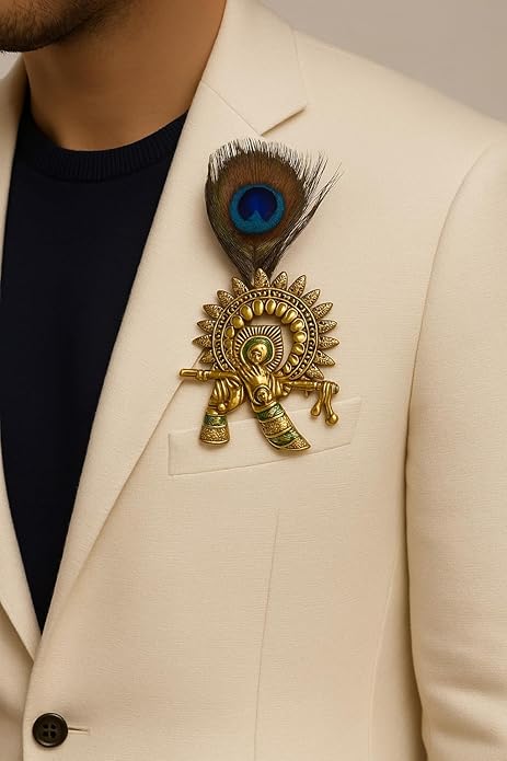Handcrafted Krishna Flute Brooch with Peacock Feather