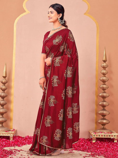 Vasthrlay Vichitra Printed Unstitched Maroon Saree