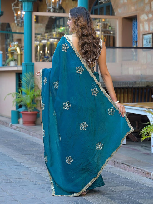 Vasthrlay Sequins Embroidery Peach Saree