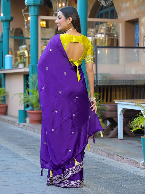 Vasthrlay Chinnon Embroidery Lime Saree