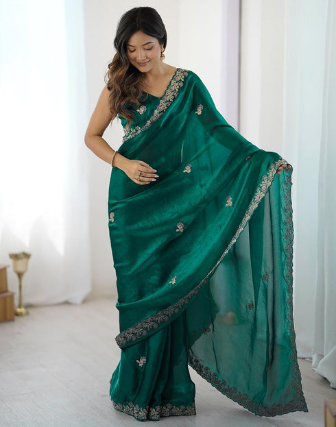 Vasthrlay Scalloped Embroidery Unstitched Rani Pink Saree