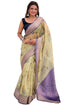 Vasthrlay Kanjivaram Organza Kalamkari Cream Purple Ethnic Wear