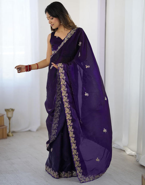 Vasthrlay Scalloped Embroidery Unstitched Rani Pink Saree