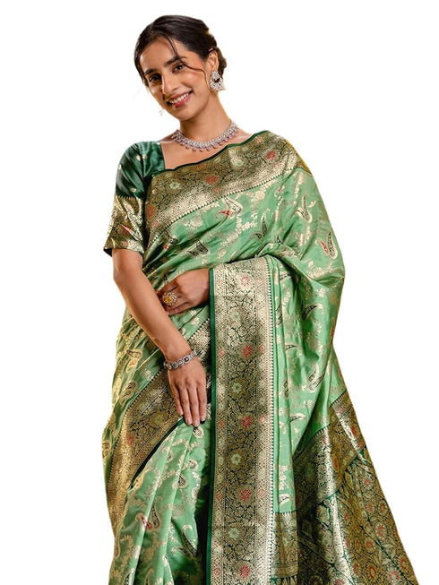 Vasthrlay Jacquard Banarasi Pista Green Saree With Unstitched Blouse Piece