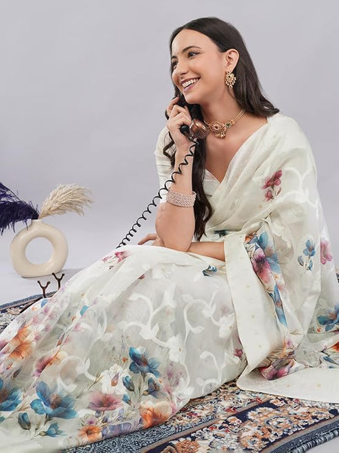Vasthrlay Floral Off White Print Chanderi Silk Blend Saree With Unstitched Blouse Piece
