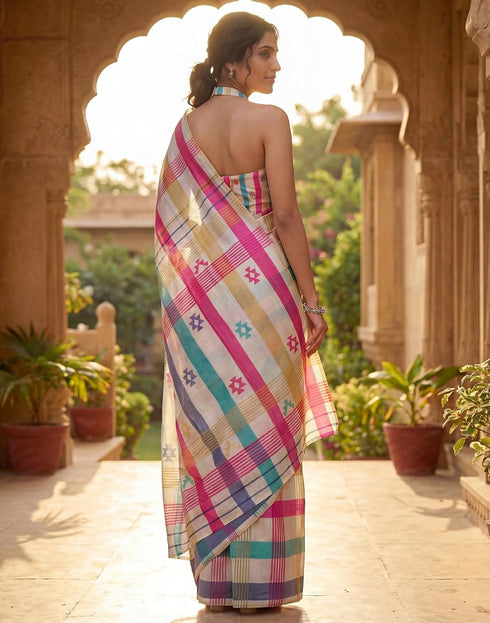 Vasthrlay Chanderi Printed Unstitched Beige Saree