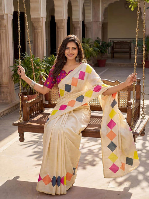 Vasthrlay Chanderi Printed Beige Saree