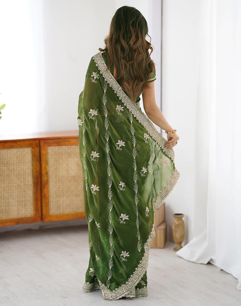 Vasthrlay Scalloped Embroidery Unstitched Lime Green Saree