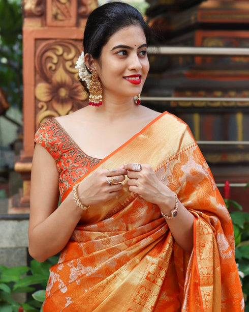 Vasthrlay Orange Kanjivaram Saree