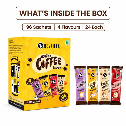 Bevzilla Instant Coffee Sachets 4 Flavours 192g (96 Sachets)