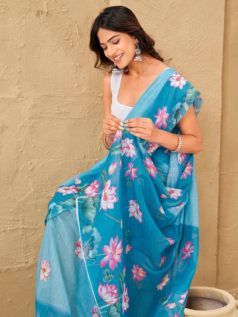 Vasthrlay Womens Printed Unstitched Sky Blue Saree