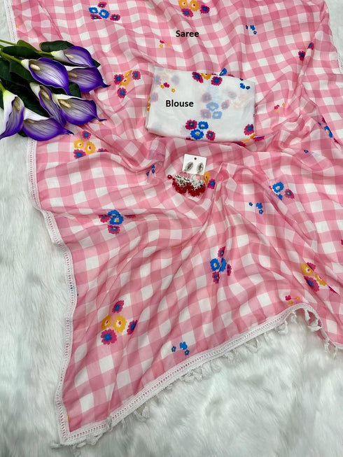 Vasthrlay Checks Floral Tassel Lightweight