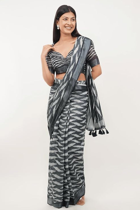 Vasthrlay Womens Grey Paisley Printed Linen Saree With Unstitched Blouse Piece