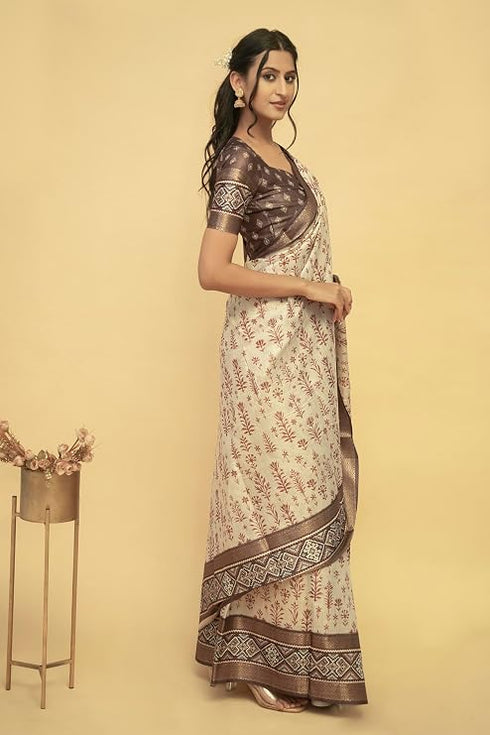 Vasthrlay Cream Terracotta Abstract Print Polyester Saree With Zari Border And Unstitched Blouse Piece