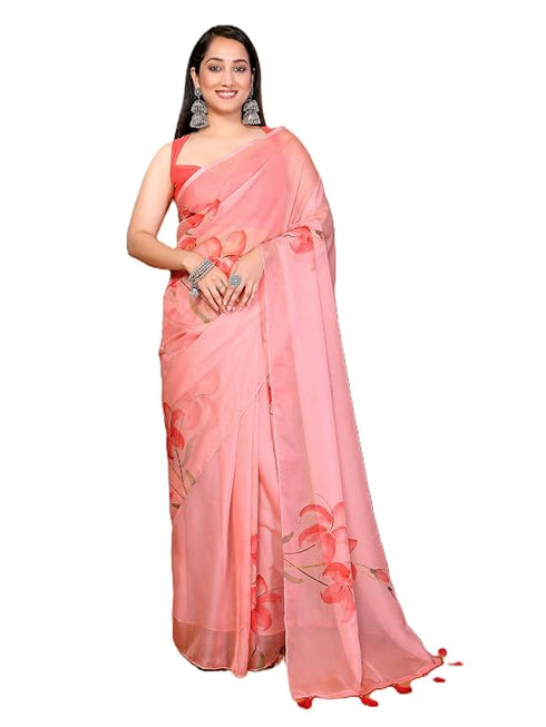 Vasthrlay Orange Leaf Print Organza Saree With Mustard Piping And Ruched Sleeveless Unstitched Blouse Piece