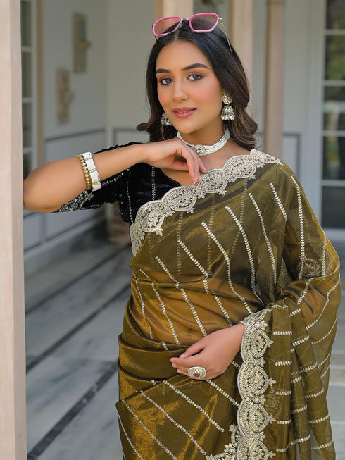 Vasthrlay Sequins Embroidery Turquoise Saree