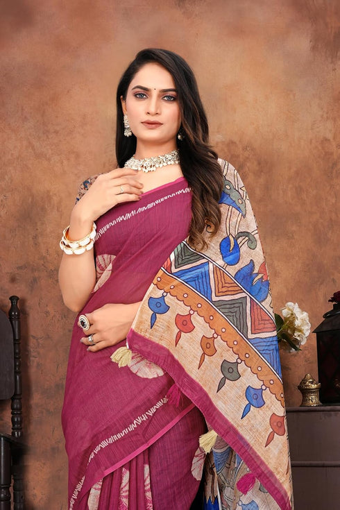 Vasthrlay Pure Linen Cotton Saree with Kalamkari Print Border
