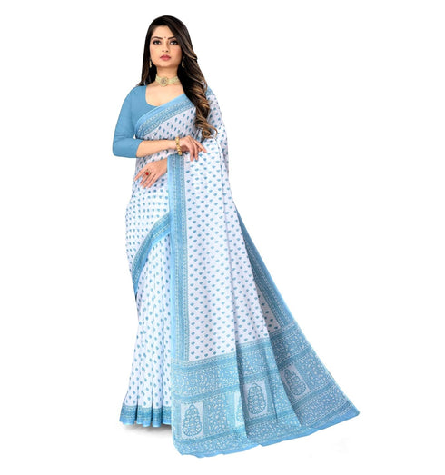 Vasthrlay Cotton Printed Mulmul Cream Saree