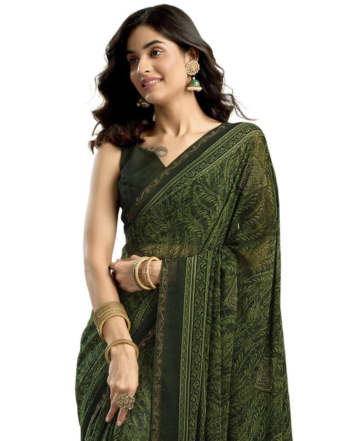 Vasthrlay Georgette Printed Green Saree With Olive Green Unstitched Blouse Piece