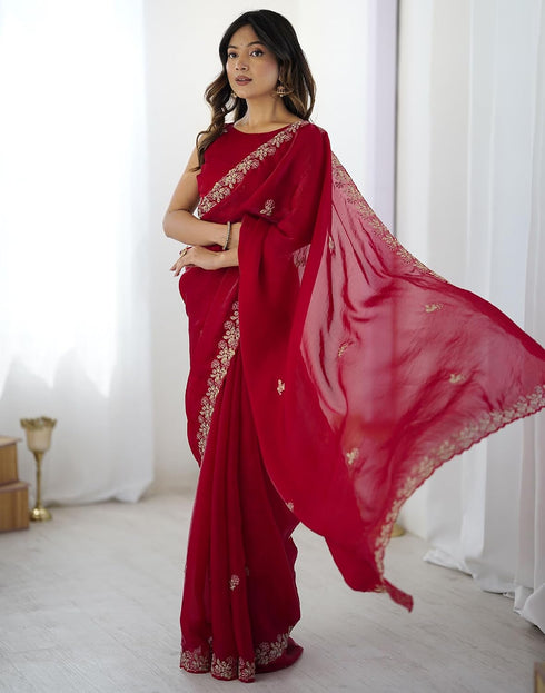 Vasthrlay Scalloped Embroidery Red Saree With Unstitched Blouse Piece