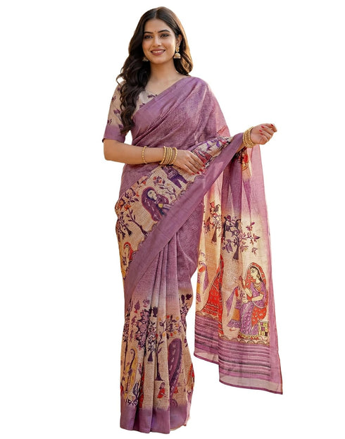 Vasthrlay Womens Printed Unstitched Navy Blue Saree