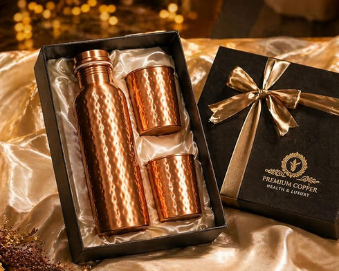 AKTU Hammered Copper Bottle Gift Set (900ml) with 2 Glasses (275ml)