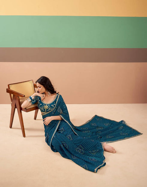 Vasthrlay Georgette Embroidery Unstitched Dark Green Saree