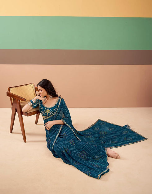 Vasthrlay Georgette Embroidery Rama Blue Saree With Unstitched Blouse Piece
