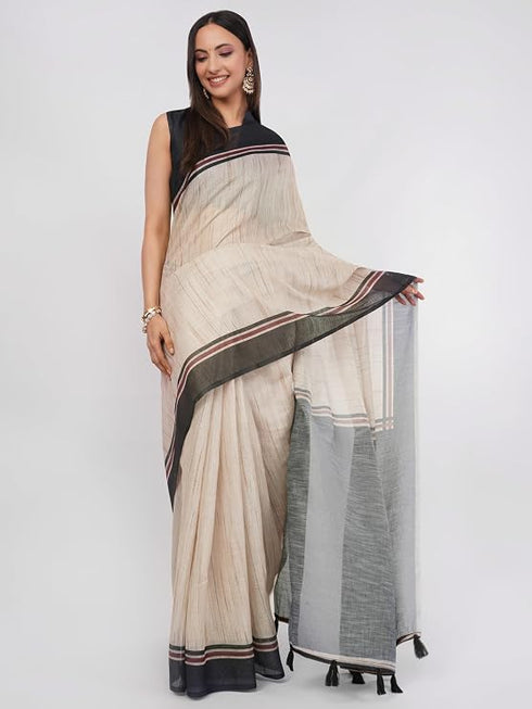 Vasthrlay Beige Printed Linen Saree With Unstitched Blouse Piece
