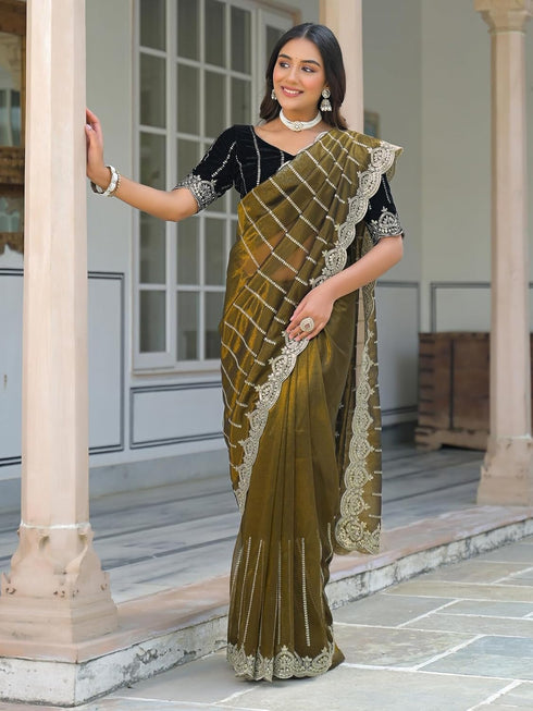 Vasthrlay Embroidery Scalloped Unstitched Navy Blue Saree