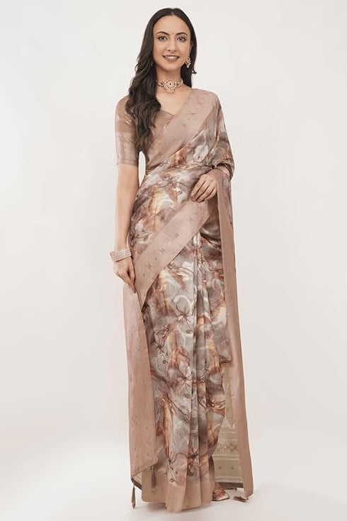 Vasthrlay Brown Floral Print Chanderi Silk Blend Saree With Unstitched Blouse Piece
