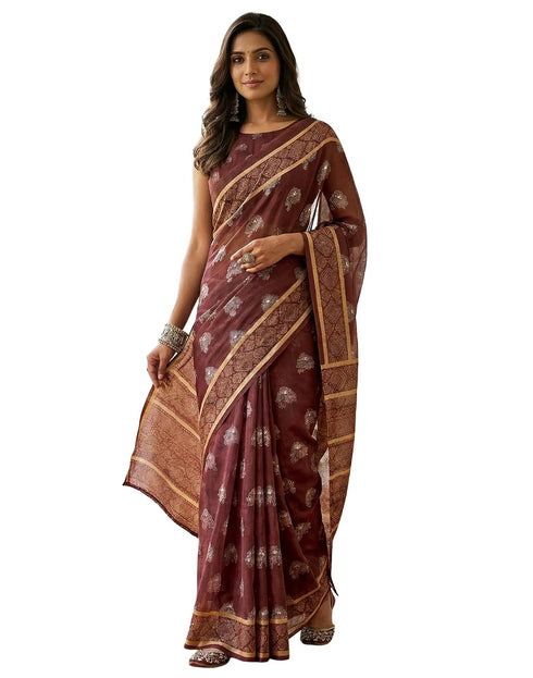 Vasthrlay Chanderi Printed Coffee Brown | Off-White Saree With Unstitched Blouse Piece
