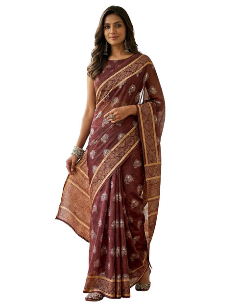 Vasthrlay Chanderi Printed Unstitched Beige Saree