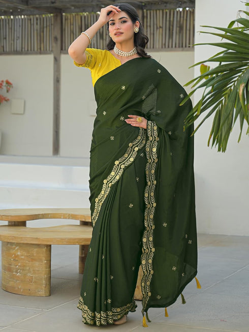 Vasthrlay Chinnon Embroidery Lime Saree