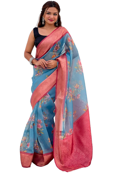 Vasthrlay Kanjivaram Organza Kalamkari Cream Purple Ethnic Wear