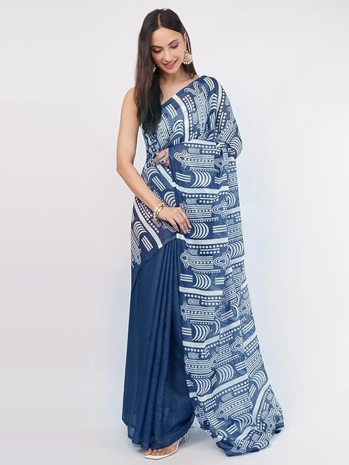 Vasthrlay Blue White Linen Floral | Striped | Check Design Printed Saree With Solid Unstitched Linen Blouse Piece