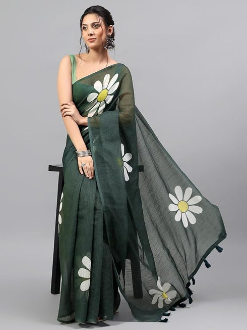 Vasthrlay Dark Green Linen Floral Printed Saree With Solid Unstitched Linen Blouse Piece