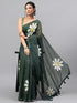 Vasthrlay Dark Green Linen Floral Printed Saree With Solid Unstitched Linen Blouse Piece