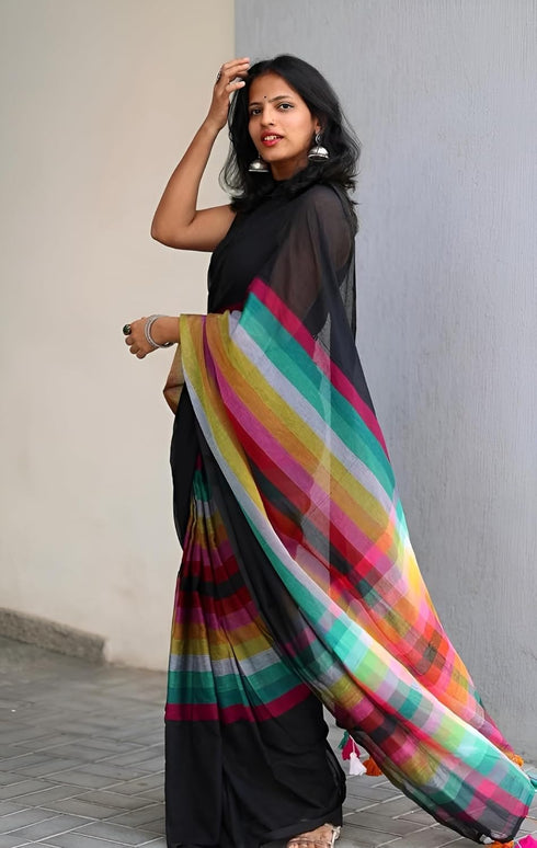 Vasthrlay Unstitched Colour Bar Black Free Ethnic Wear