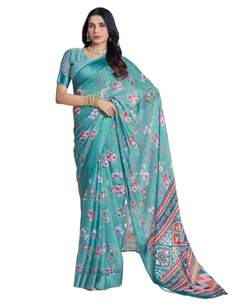 Vasthrlay Georgette Printed Dusty Turquoise Saree With Unstitched Blouse Piece