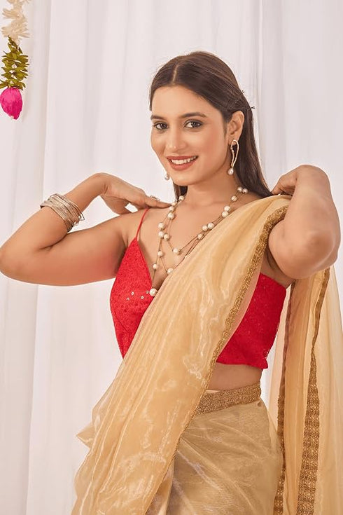 Vasthrlay Beige Womens Shimmer Ready To Wear Saree