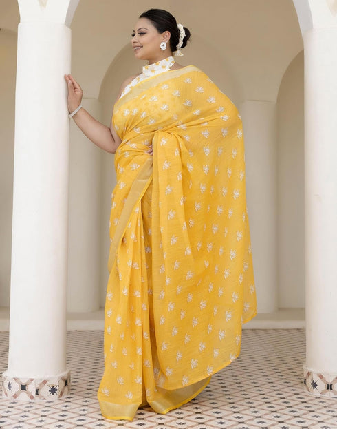 Vasthrlay Womens Printed Unstitched Orange Saree