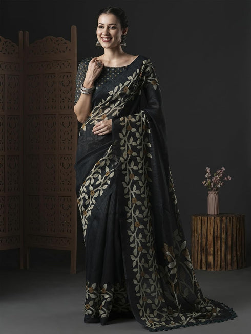 Vasthrlay Botanical Printed Unstitched Black Hs Ethnic Wear
